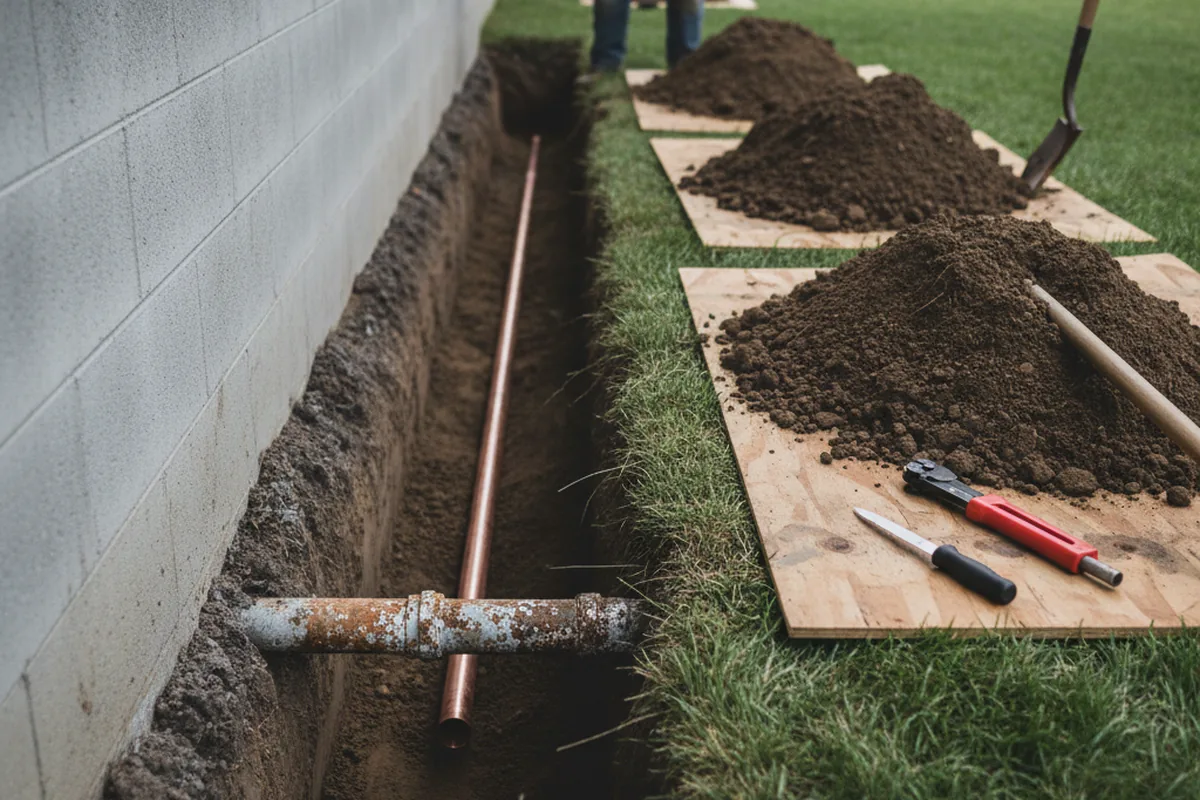 Excavated water line trench during Water Heater Repair in Westbrook